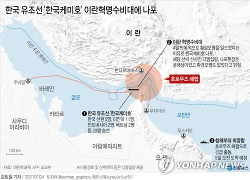 [그래픽] 한국 유조선 '한국케미호' 이란혁명수비대에 나포(종합) (서울=연합뉴스) 김토일 기자 = 이란 혁명수비대는 4일(현지시간) 성명을 내고 이날 오전 10시께 걸프 해역(페르시아만)에서 한국 유조선 '한국케미'를 나포했다고 발표했다.      kmtoil@yna.co.kr      페이스북 tuney.kr/LeYN1 트위터 @yonhap_graphics