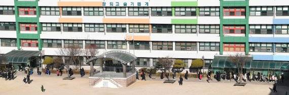 2021학년도 서울지역 초등학교 예비소집이 시작된 6일 서울 여의도초등학교에서 신입생과 학부모들이 운동장에서 거리를 두며 입장하고 있다. 신입생과 보호자는 예비소집을 통해 주민센터에서 받은 취학통지서를 학교에 제출하고 입학 등록을 해야 한다.사진=김범석 기자