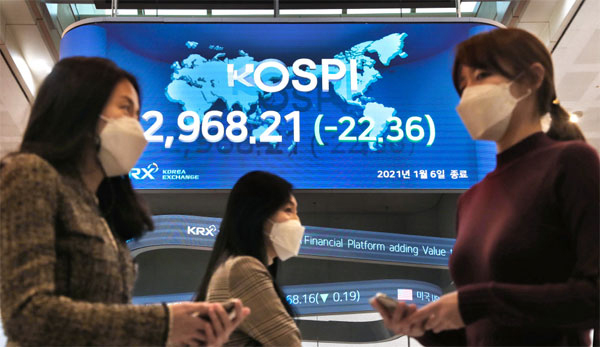 코스피가 사상 처음으로 3000을 찍은 6일 서울 여의도 한국거래소 직원들이 이날 종가가 표시된 전광판 아래를 지나가고 있다. [김호영 기자]