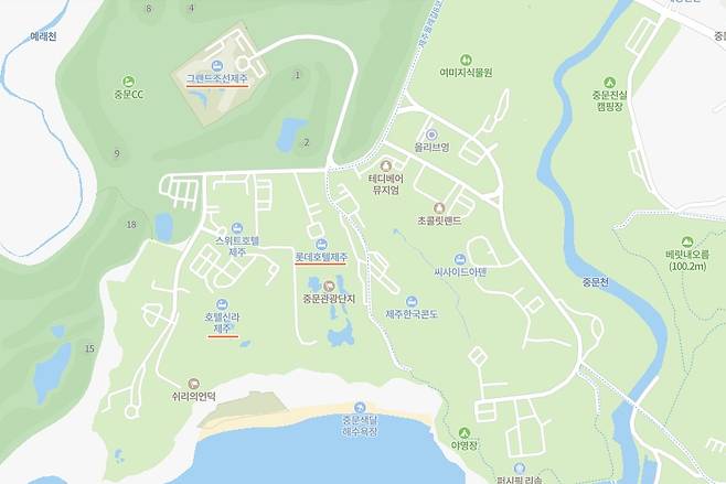 제주 서귀포시 중문관광단지에 제주 신라호텔과 롯데호텔 제주, 그랜드조선 제주가 모여있는 모습. /사진=네이버 지도