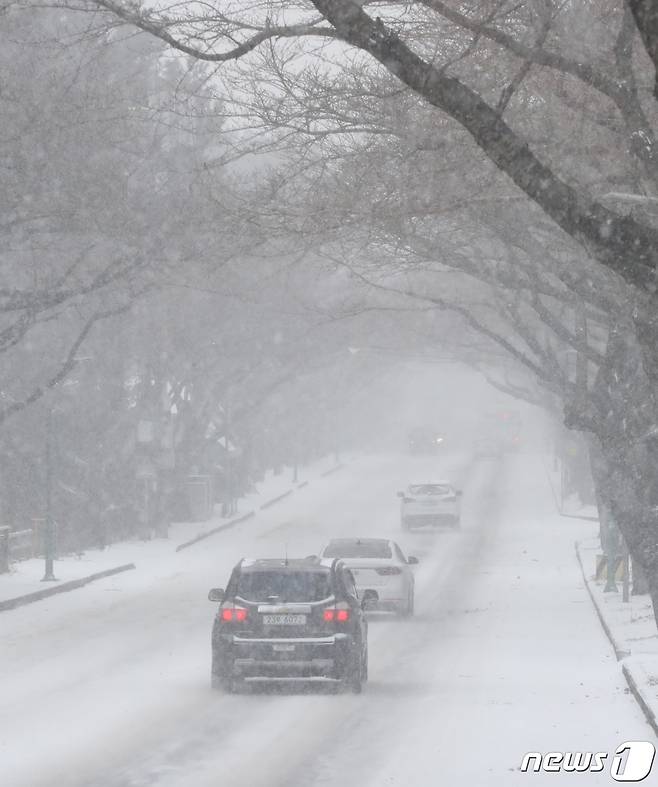 대설특보가 내려진 7일 오전 제주시 아라동 제주대학교에서 차량들이 서행하고 있다. 이날 오전 6시30분 기준 제주도 산지에는 대설·한파경보, 나머지 지역에는 대설주의보가 발효 중이다.2021.1.7/뉴스1 © News1 오현지 기자