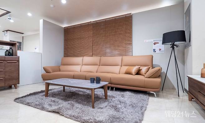 사진 : 지난 29일 온라인 비대면으로 개최된 '2021 에몬스가구 SS 트렌드 발표회'에서 소개된 &nbsp;트윈더(Twinther) 가죽을 적용한 '워너비 라운지 소파'