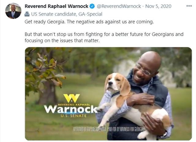 조지아주 연방 상원의원 선거 당선자가 된 라피엘 워넉의 첫 '개 광고'. 트위터 캡처