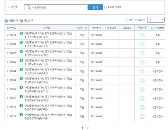 2021년 1월 7일 기준 의안정보시스템에 등록된 아동학대범죄 관련 법안들.