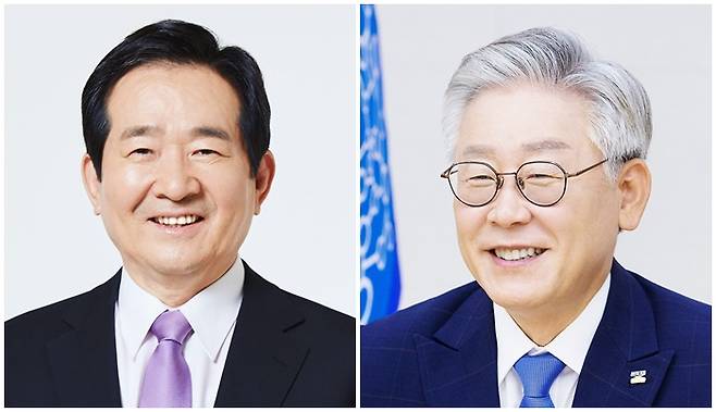 정세균 총리(왼쪽)과 이재명 경기지사(오른쪽)