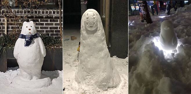 좌측부터 곰 모양 눈사람, 가오나시 모양 눈사람, 펭퀸 모양 눈사람 등 다양한 눈사람 인증이 줄 이었다. SNS캡처