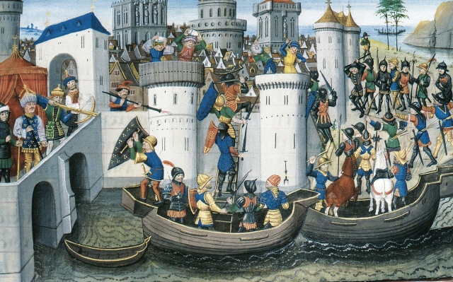 1204년 동로마의 제도 콘스탄티노폴리스를 함락시키는 십자군을 그린 다비드 오베르의 15세기 작품.