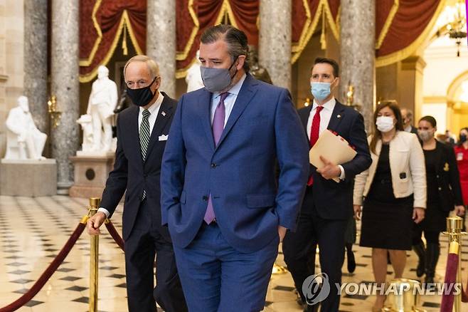 의사당에서 걸어 나오는 테드 크루즈(맨앞) 상원의원과 조시 홀리(오른쪽) 상원의원[AP=연합뉴스]