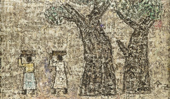 박수근, 두 나무와 두 여인,1964,메소나이트에 유채 /사진=케이옥션