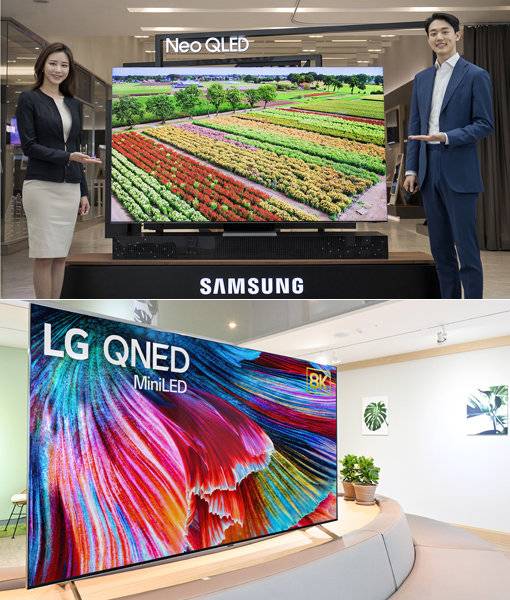 12일(한국시간) 개막하는 글로벌 가전전시회 ‘CES2021’을 앞두고 ‘미니LED(발광 다이오드) TV’를 중심으로 한 TV 경쟁이 뜨겁게 달아오르고 있다. 삼성전자가 새해 공개한 ‘네오 QLED’(위쪽)와 LG전자가 지난달 말 미니LED 기술을 적용해 선보인 LCD TV ‘QNED’. 사진제공｜삼성전자·LG전자