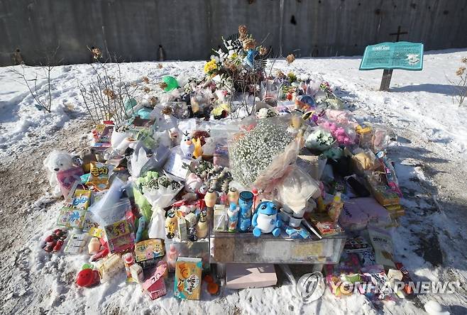 아동학대 방지 '정인이법' 국회 법사위 통과 (양평=연합뉴스) 임헌정 기자 = 8일 경기도 양평군 하이패밀리 안데르센 공원묘원에 양부모의 학대로 생후 16개월 만에 사망한 정인 양을 추모하며 시민들이 가져다 놓은 사진과 꽃 등이 놓여 있다.      국회 법제사법위원회는 이날 전체회의를 열고 이른바 '정인이법'인 아동학대범죄 처벌 특례법 개정안을 의결했다. 2021.1.8 kane@yna.co.kr
