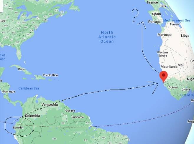 서아프리카 감비아(붉은 화살표), 왼쪽 아래는 에콰도르, 오른쪽 위는 유럽 압수된 코카인 3t의 밀수 예상 경로 표시 [구글 지도 캡처, 재판매 및 DB 금지]