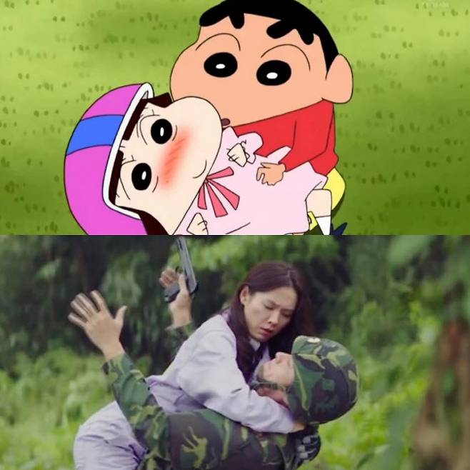 지난달 방영한 ‘크레용 신짱’ 한 장면(위). ‘사랑의 불시착’ 한 장면을 패러디했다(사진=TV아사히·tvN)