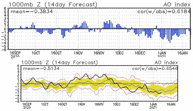 올해 1월 북극진동 지수는 '-2~-4' 사이로 강한 음의 값을 보일 것으로 예상된다. 16일부터 회복될 것으로 보인다. [NOAA]
