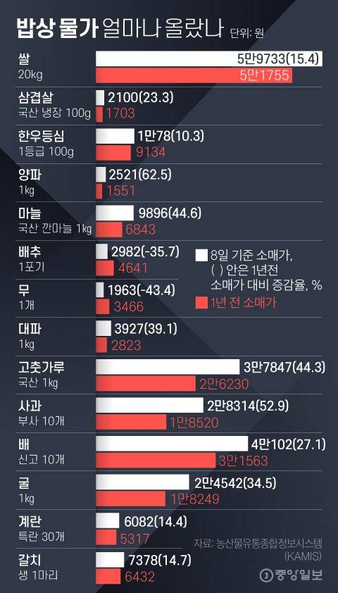 밥상 물가 얼마나 올랐나. 그래픽=김영희 02@joongang.co.kr