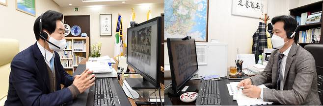안병용 시장(왼쪽)과 황범순 부시장이 온라인 동장 월례회의에 참석해 동장들과 의견을 나누고 있다.(사진=의정부시 제공)