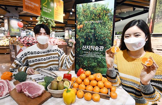 12일 홈플러스 강서점에서 모델들이 온라인 산지직송관 오픈을 알리고 있다.