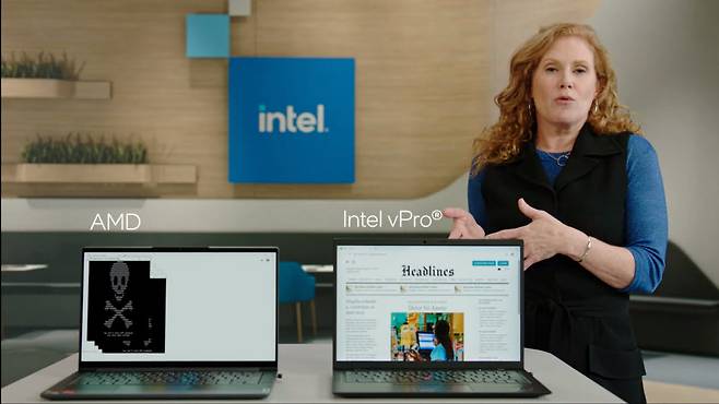 인텔이 v프로 프로세서의 보안성을 설명하면서 AMD 제품과 비교하고 있다.<사진=인텔>