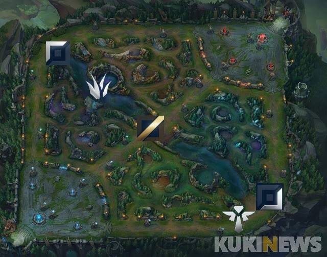 왼쪽부터 차례로 탑 라인, 정글, 미드 라인, 바텀(원거리 딜러, 서포터) 라인.