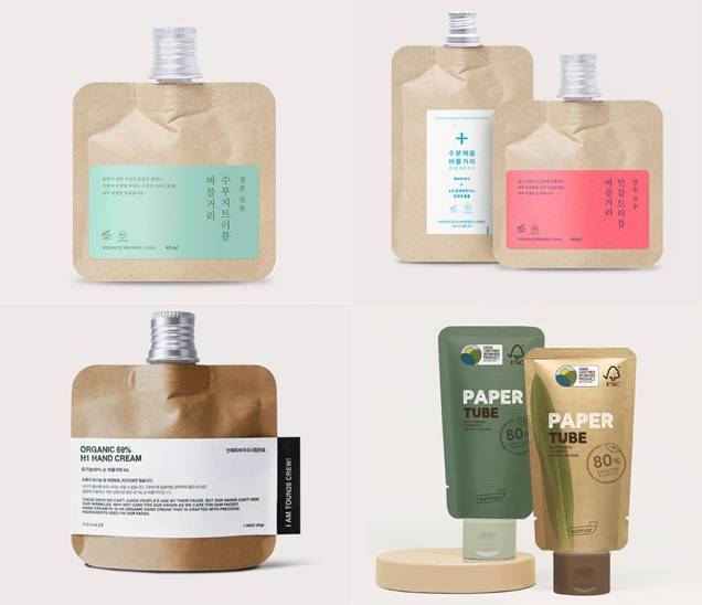 (오른쪽 위부터 반시계방향으로)톤28의 재활용 가능한 종이 화장품 용기 이미지, (오른쪽 아래) 한국콜마가 개발한 종이 튜브 화장품 용기 이미지/출처=각사