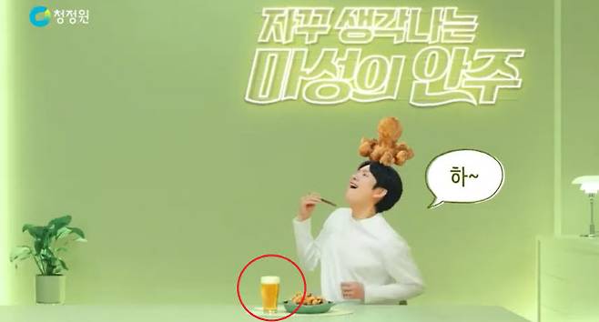 대상 청정원 안주브랜드 `안주夜`의 `쭈꾸미튀김` 광고. 맥주(빨간 원)와 제품이 함께 광고에 나온다.(사진=광고 갈무리)