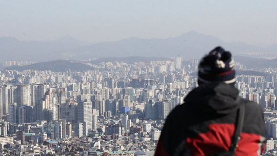 한 시민이 서울 남산에서 서울 도심 아파트 밀집 지역을 바라보고 있다. <연합뉴스>