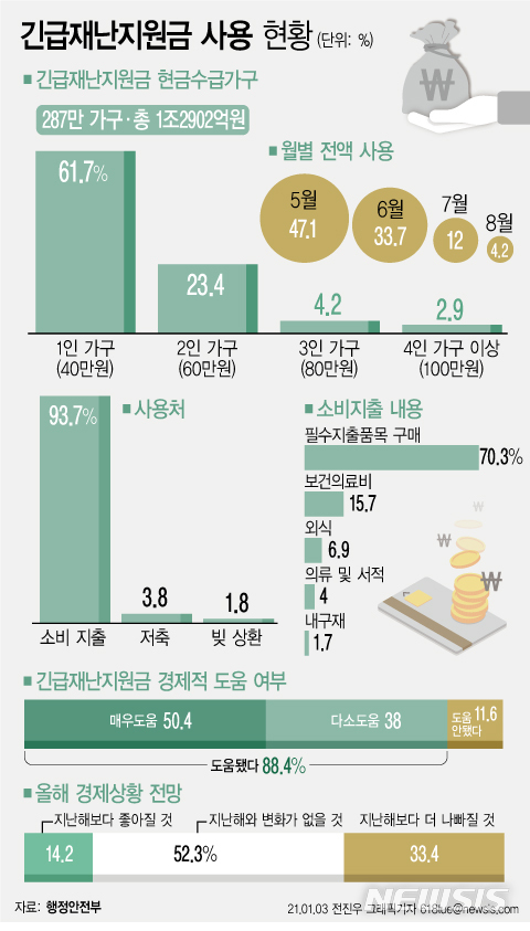1차 재난지원금(정부 긴급재난지원금, 경기도 재난기본소득, 서울시 재난긴급생활비 등)의 추가 소비 효과(한계소비성향)가 45.1%에 달하는 것으로 나타났다. / 그래픽=뉴시스