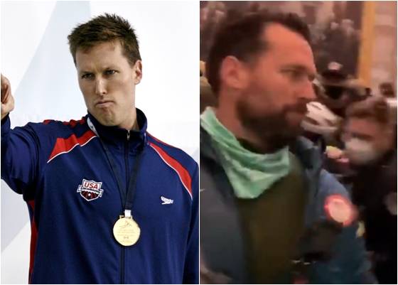 미국의 수영 금메달리스트 클레이트 켈러가 지난주 국회의사당 점거 사태 당시 시위대에 포함돼 있던 것으로 드러났다. /사진=로이터(왼쪽), 트위터 캡처(오른쪽)