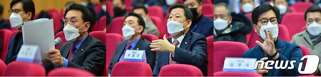 국민의힘 김석기(경주)의원과 이철규 산업통상자원중소벤처기업위원회 간사, 김영식 과학기술정보방송통신위원회 소속 의원이 14일 최근 논란이 되고 있는 한수원(주) 월성원자력본부 현장을 방문했다. 오른쪽부터 김석기(경주), 이철규, 김영식 의원, 2021.1.14/© 뉴스1 최창호 기자