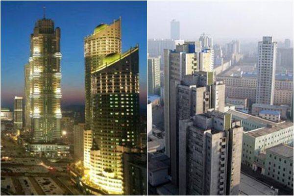 야간 조명을 비춘 평양 번화가(왼쪽)과 낮에 촬영한 평양 도심의 모습./조선일보DB