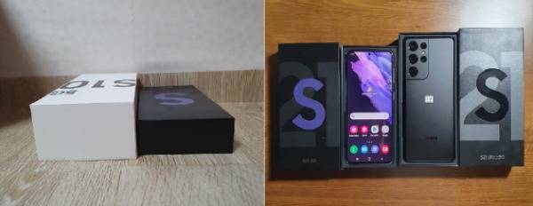 삼성전자는 '갤럭시S21' 패키지에서 유선 이어폰과 충전기를 제외하고 USB-C 케이블만 제공한다. 좌측 사진은 갤럭시S10에 비해 홀쭉해진 갤럭시S21 패키지 모습/사진=배성수 한경닷컴 기자