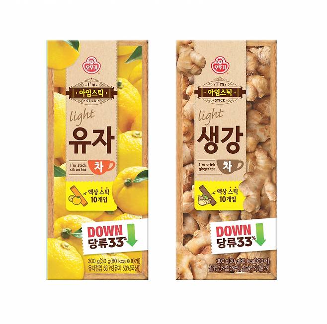 오뚜기가 당 함량을 줄이고 스틱형으로 간편하게 즐기는 ‘아임스틱 유자차’와 ‘아임스틱 생강차’를 출시했다.(오뚜기 제공)