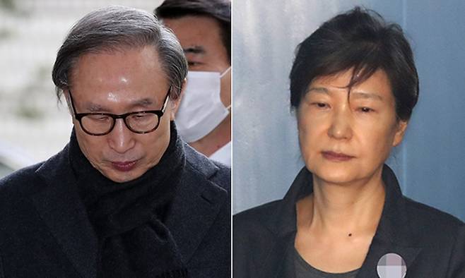 이명박 전 대통령(왼쪽), 박근혜 전 대통령. 연합뉴스
