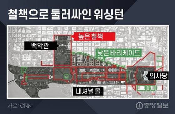 철책으로 둘러싸인 워싱턴. 그래픽=김영희 02@joongang.co.kr