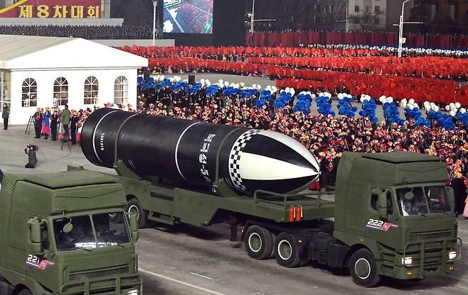 The Pukguksong-5-siot, a submarine-launched ballistic missile, is seen at the military parade in Pyongyang, North Korea, Jan. 14, 2021. The Korean letter “siot” means sea-based. (KCNA-Yonhap)