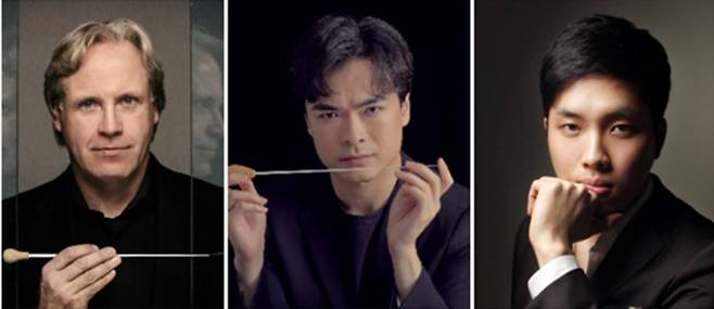 수석객원지휘자 마르쿠스 슈텐츠, 수석부지휘자 윌슨 응, 부지휘자 데이비드 이(왼쪽부터) [서울시립교향악단 제공]