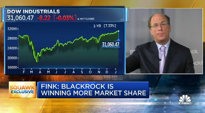 세계 최대 자산운용사 블랙록을 이끄는 래리 핑크 회장이 CNBC와 인터뷰를 하고 있다. (사진=CNBC 캡처)