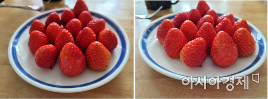 딸기가 담긴 접시를 갤럭시S21 울트라(왼쪽)와 갤럭시S21으로 촬영한 사진.