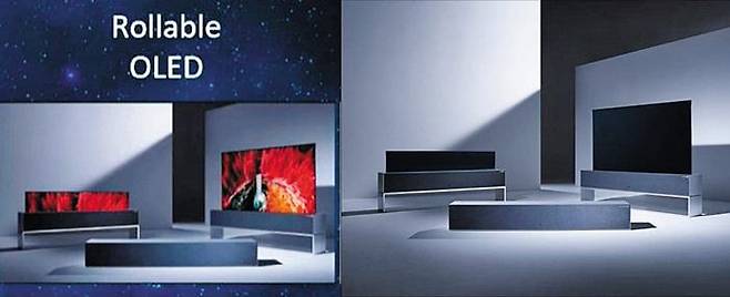 중국 스카이워스가 CES 2021에서 자신들이 개발한 롤러블(돌돌 마는) OLED TV라고 발표한 사진(왼쪽)과 LG전자의 롤러블 OLED TV 사진. LG전자의 사진을 색상만 바꿔 도용했다. /스카이워스·LG전자