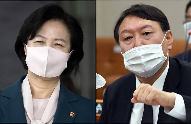 추미애 법무부 장관(왼쪽)과 윤석열 검찰총장. <한겨레> 자료사진