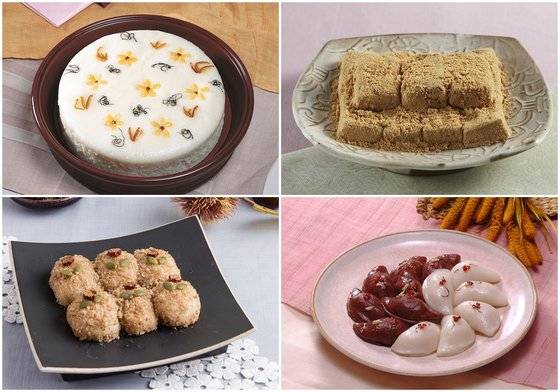 (왼쪽부터 시계방향으로) 찐 떡인 증편, 친 떡에 해당하는 인절미, 지진 떡인 찰수수부꾸미, 삶은 떡에 해당하는 밤단자. [떡 박물관 제공]