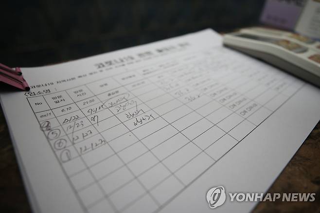 지난해 12월에 멈춰진 방문자 기록 (광주=연합뉴스) 천정인 기자 = 18일 오후 광주 광산구 쌍암동 한 유흥업소에 비치된 방문자 기록이 지난해 12월 이후 멈춰져 있다. 광주 유흥업소 일부 업주들은 정부의 사회적 거리두기 연장에 반발하며 이날부터 영업금지 조치에 불복하기로 했다가 늦은밤까지 이어진 방역 당국의 설득에 영업 강행 방침을 철회했다. 2021.1.18 iny@yna.co.kr