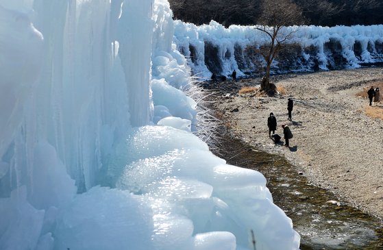 지난 17일 대전 동구 상소동 산림욕장 입구에 조성된 얼음동산이 꽁꽁 얼어붙었다. [사진 프리랜서 김성태]