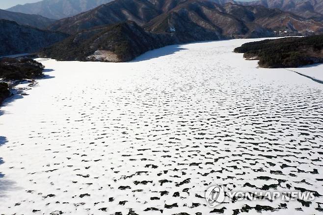 한파와 눈이 만든 호수 (춘천=연합뉴스) 이상학 기자 = 19일 강원 춘천시 춘천호가 추위에 꽁꽁 얼어붙은 가운데 최근 내린 눈이 쌓여 있다.  2021.1.19 hak@yna.co.kr