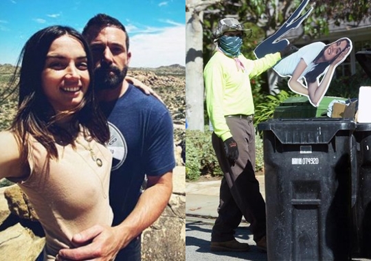 벤 애플렉 LA 집 앞 쓰레기통에 버려진 아나 디 아르마스 사진 보드(오른쪽 사진)과 교제 당시 두 사람의 모습. 트위터 캡처, 인스타그램
