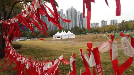 과천시가 지난해 8월 정부의 수도권 주택공급 방안에 정부과천청사 일대가 후보지로 지정되자 이에 반발해 해당 부지에 천막집무실을 설치하고 반대운동을 벌이고 있다. 사진은 과천시민이 후보지 일원에 내건 반대문구가 적힌 붉은색 띠. 남상인 기자 sanginn@seoul.co.kr
