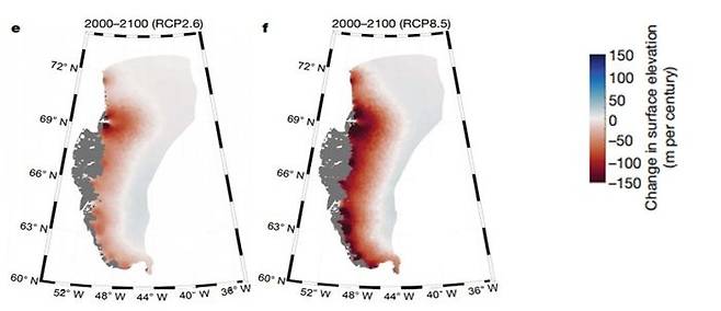 (RCP 2.6과 8.5 시나리오에 따른 시뮬레이션 결과 ㅣ 8.5 시나리오에선 그린란드 빙상의 핵심인 서부쪽의 빙상이 거의 다 사라진 모습을 볼 수 있음.)