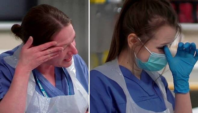 영국 런던의 한 병원 영안실에서 일하는 직원들이 매일 쏟아지는 코로나19 사망자의 시신을 마주하며 눈물을 흘리고 있다(사진=BBC)