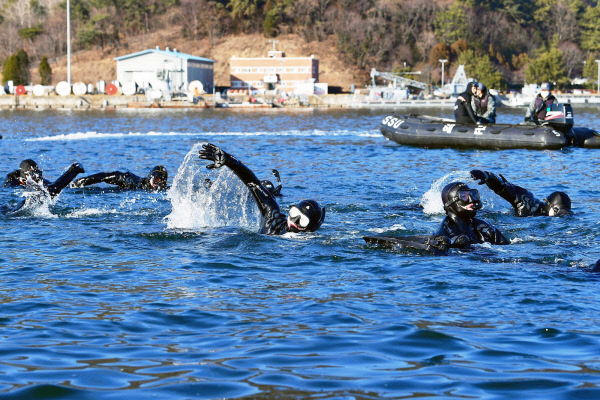 해난구조전대 심해잠수사들이 경남 창원 진해군항에서 겨울바다를 가르며 핀 마스크 수영 훈련을 실시하고 있다.해군 제공