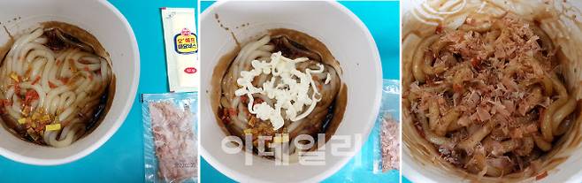 ‘간장마요면’ 개봉 후 우선 숙면, 건더기 스프, 간장 소스만 넣고 전자레인지에 조리한 모습(왼쪽)과 동봉된 마요네즈를 첨가한 모습(가운데)과 마지막으로 가쓰오부시까지 모두 뿌려 완성(오른쪽)한 모습. 무척 간편하다.(사진=김범준 기자)